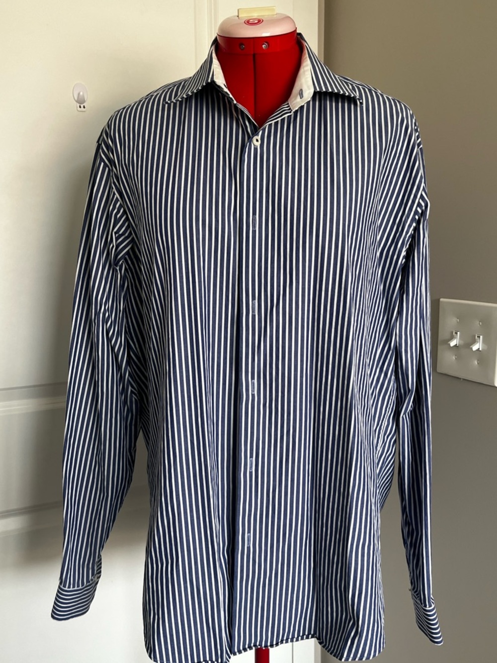 Men's Navy and White Vertical Stripe Dress Shirt